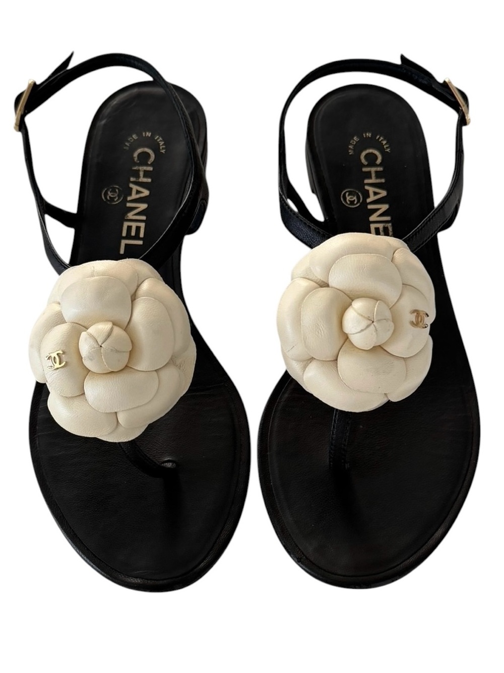 CHANEL Black Leather And Cream Camellia CC Thong Sandals / Size 38
